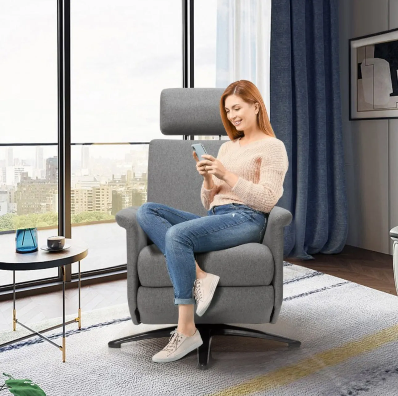 Heavy Duty Relaxing Swivel Comfortable Massage Recliner Single Sofa Chair With Adjustable Headrest | Massage Remote | 8 Massage Modes | Gray