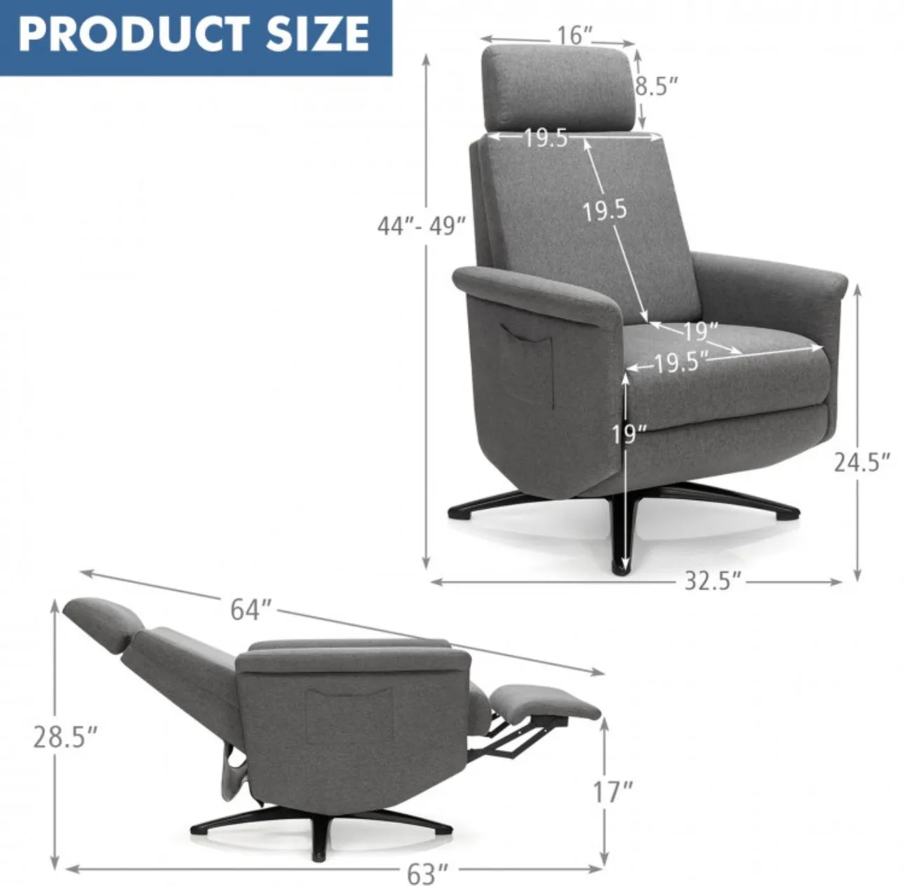 Heavy Duty Relaxing Swivel Comfortable Massage Recliner Single Sofa Chair With Adjustable Headrest | Massage Remote | 8 Massage Modes | Gray