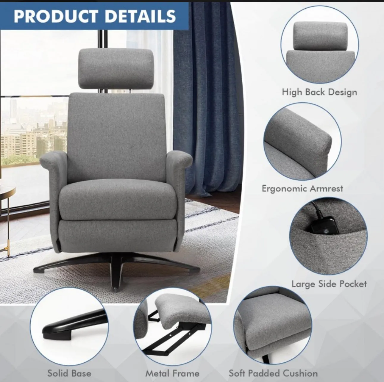 Heavy Duty Relaxing Swivel Comfortable Massage Recliner Single Sofa Chair With Adjustable Headrest | Massage Remote | 8 Massage Modes | Gray