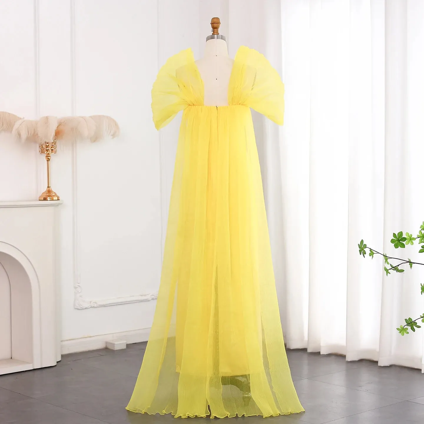 HELEN Luxury Beaded Elegant Yellow Evening Gown with Cape
