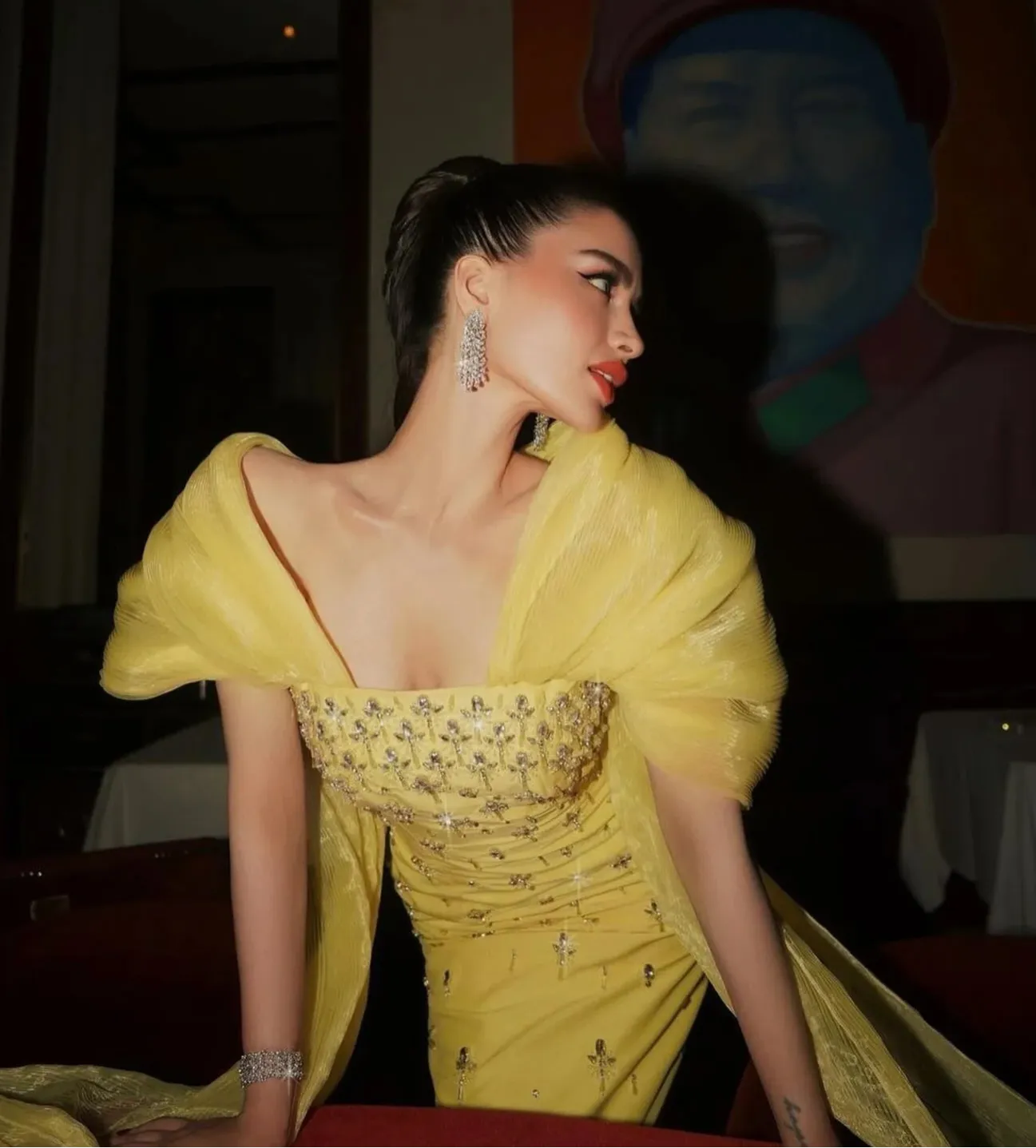 HELEN Luxury Beaded Elegant Yellow Evening Gown with Cape