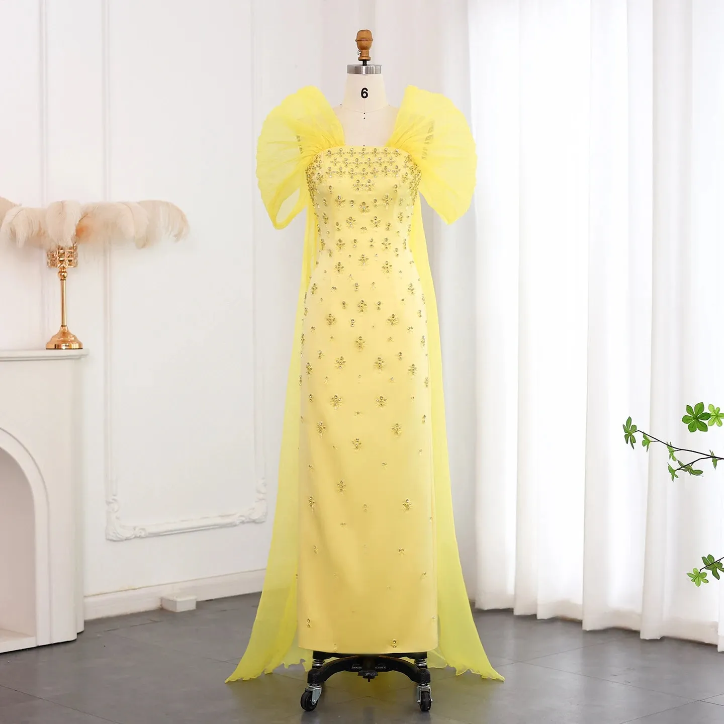 HELEN Luxury Beaded Elegant Yellow Evening Gown with Cape