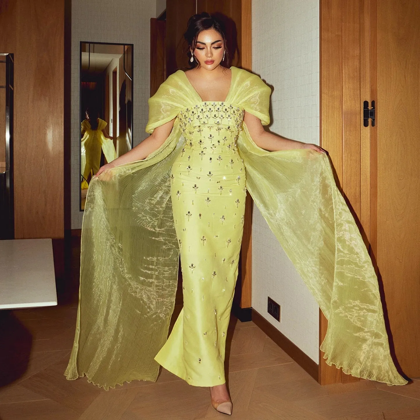 HELEN Luxury Beaded Elegant Yellow Evening Gown with Cape