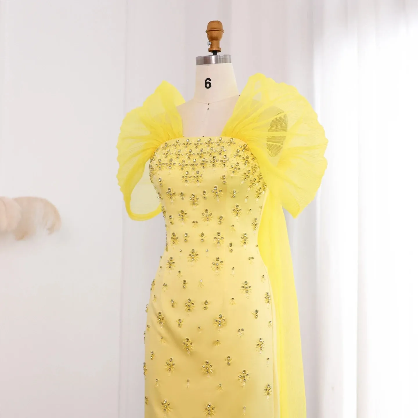 HELEN Luxury Beaded Elegant Yellow Evening Gown with Cape