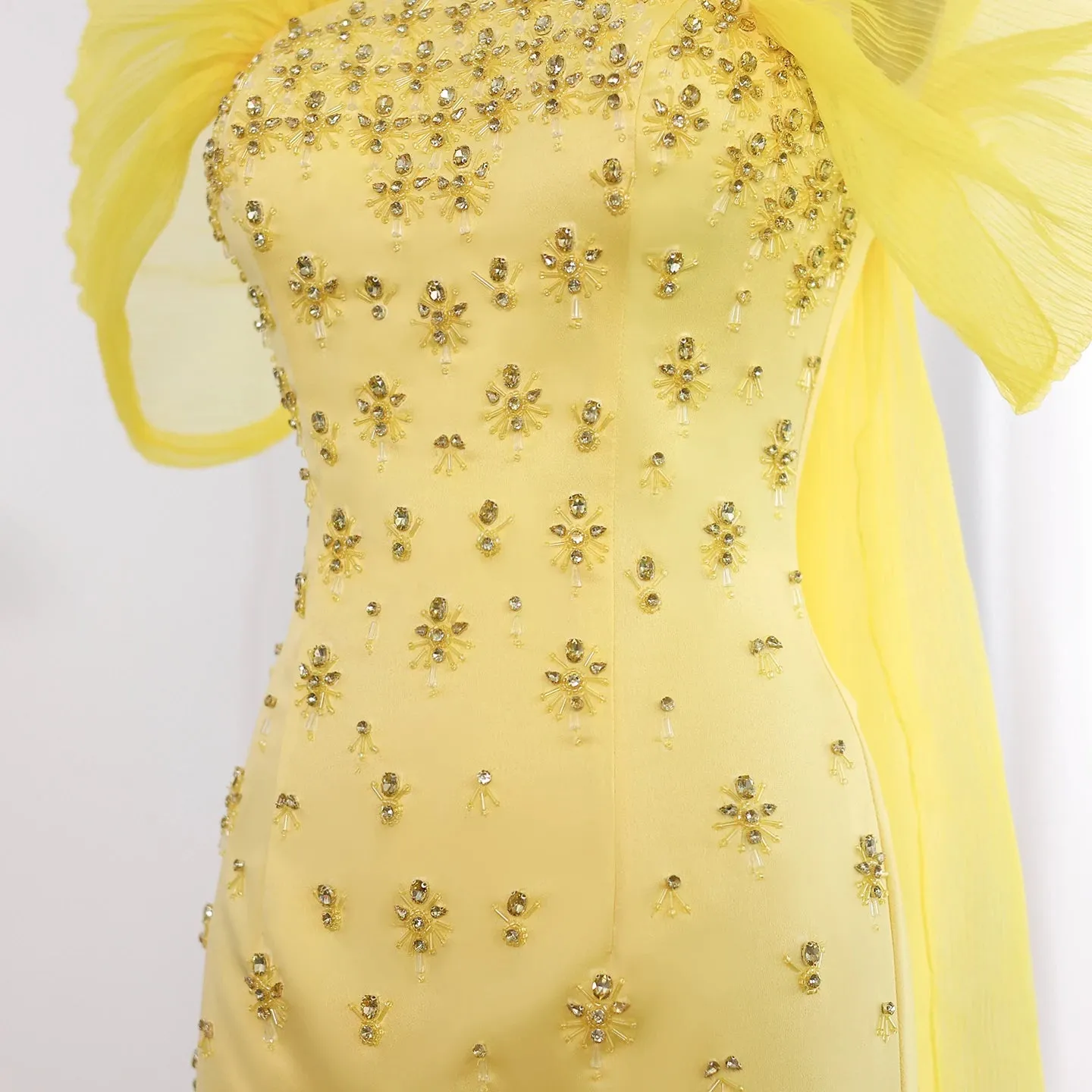 HELEN Luxury Beaded Elegant Yellow Evening Gown with Cape