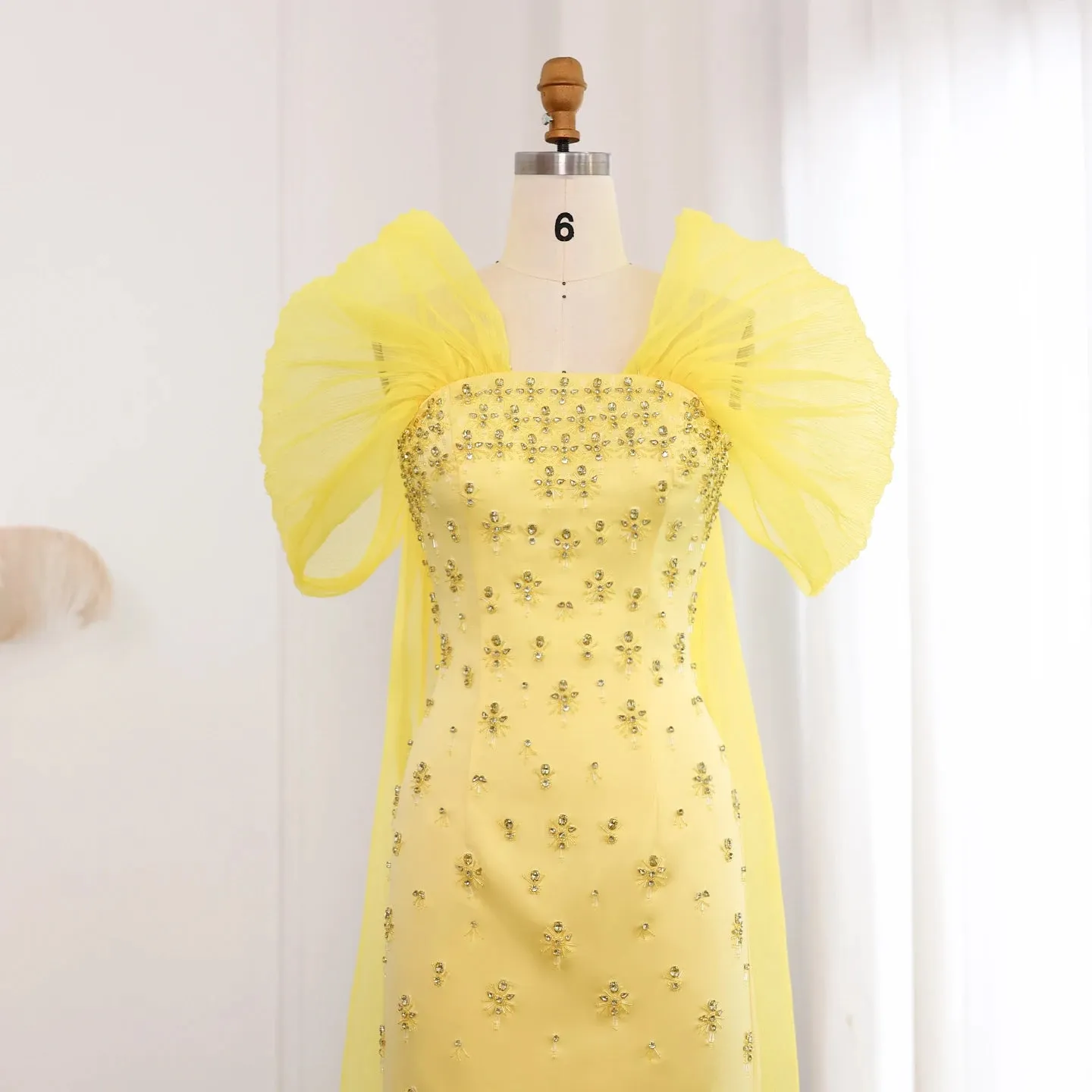 HELEN Luxury Beaded Elegant Yellow Evening Gown with Cape