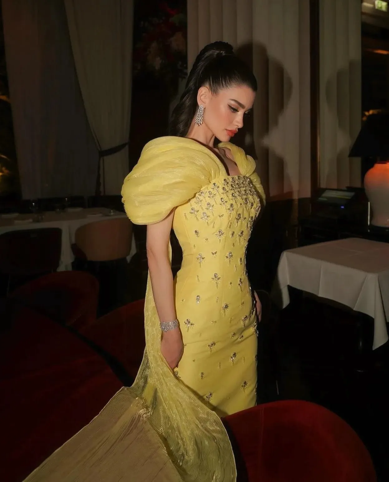 HELEN Luxury Beaded Elegant Yellow Evening Gown with Cape