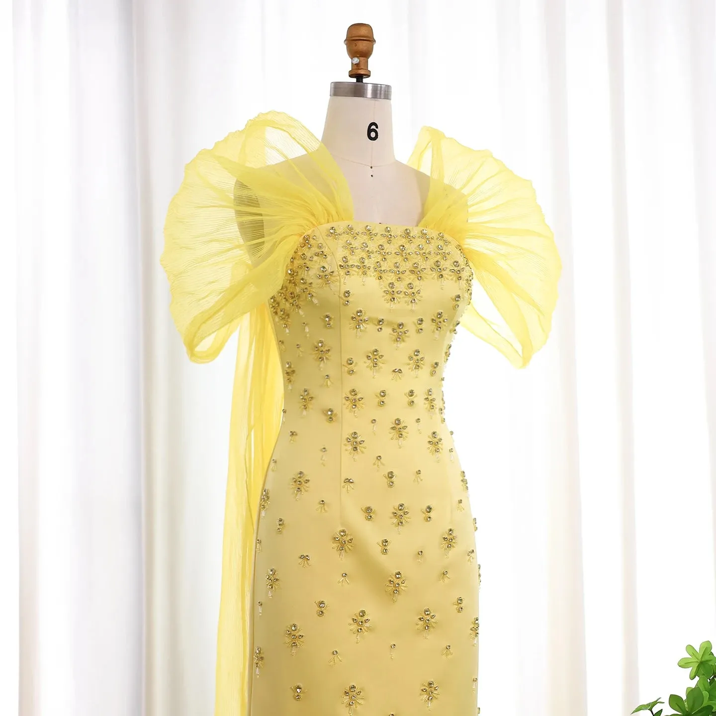HELEN Luxury Beaded Elegant Yellow Evening Gown with Cape