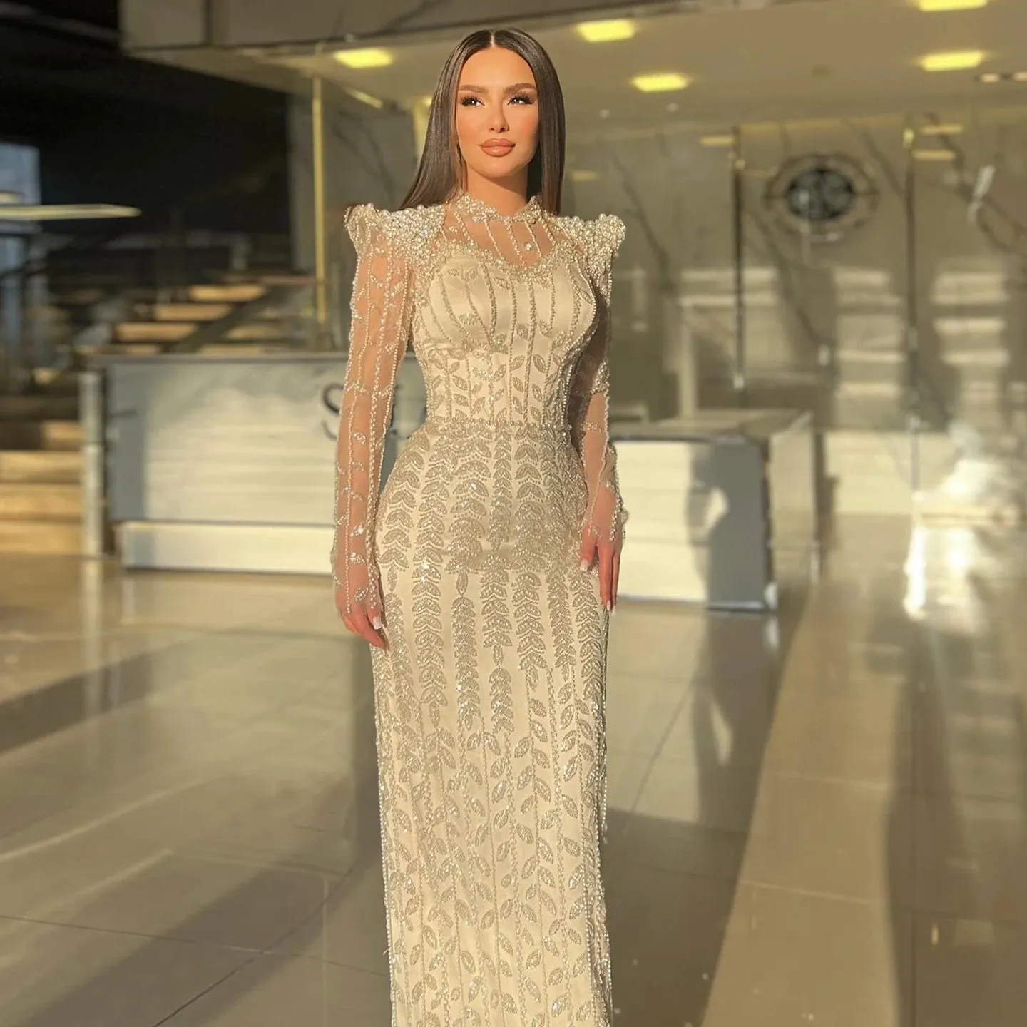 HELEN Luxury Cream Long Sleeves Evening Dress for Women