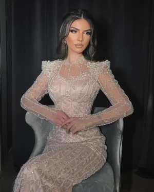 HELEN Luxury Cream Long Sleeves Evening Dress for Women