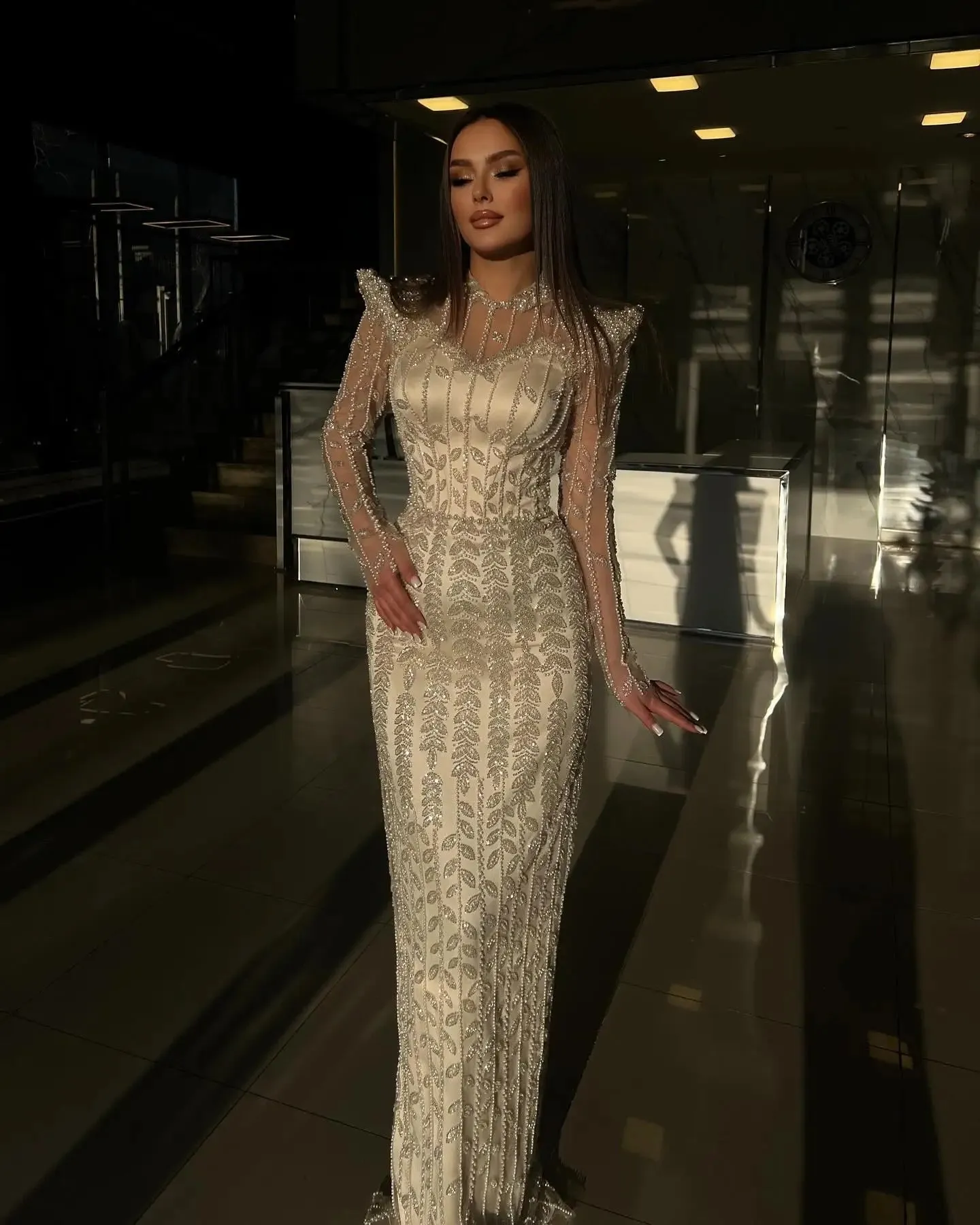 HELEN Luxury Cream Long Sleeves Evening Dress for Women