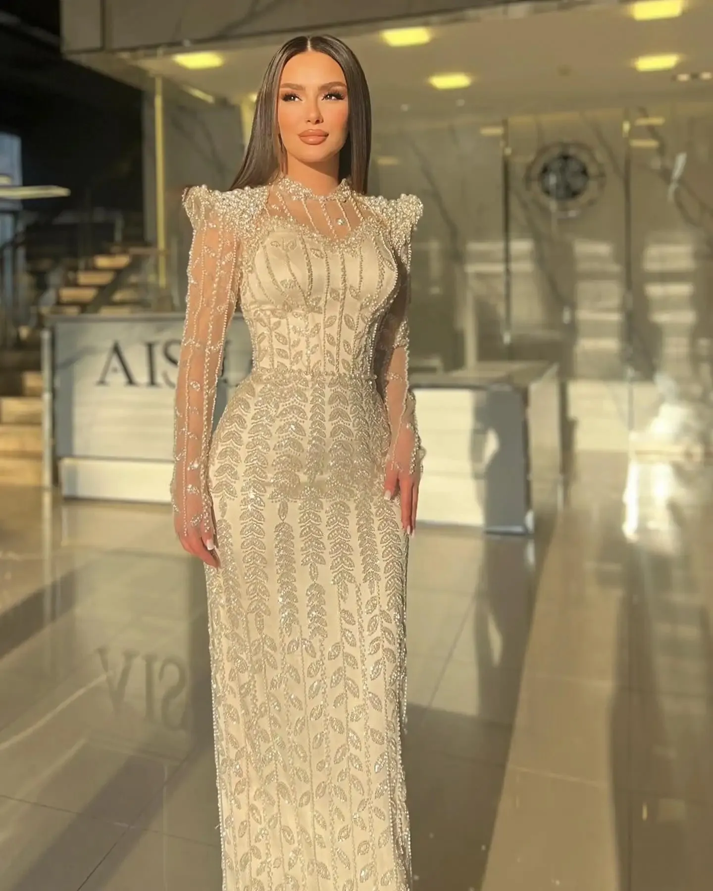 HELEN Luxury Cream Long Sleeves Evening Dress for Women
