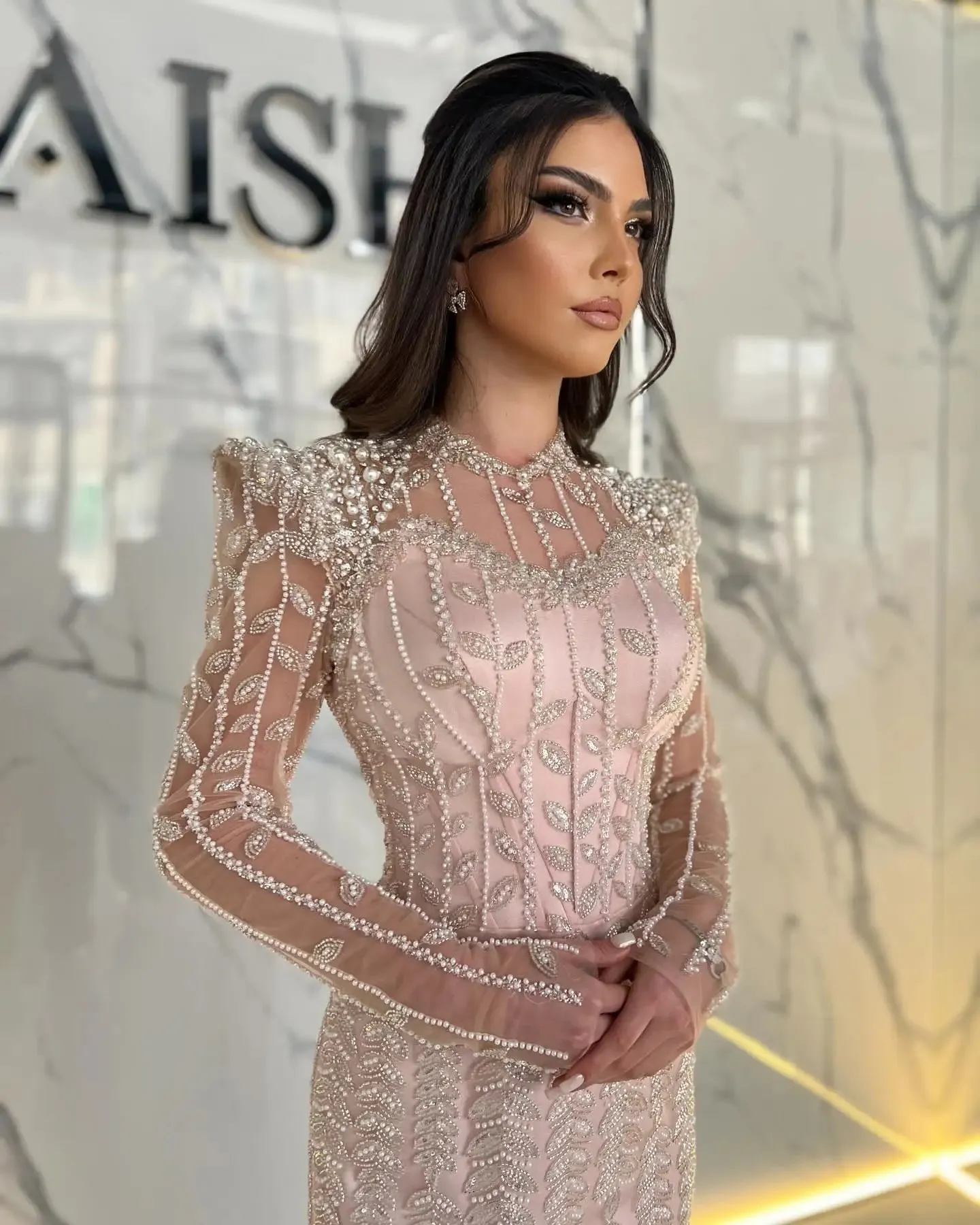 HELEN Luxury Cream Long Sleeves Evening Dress for Women