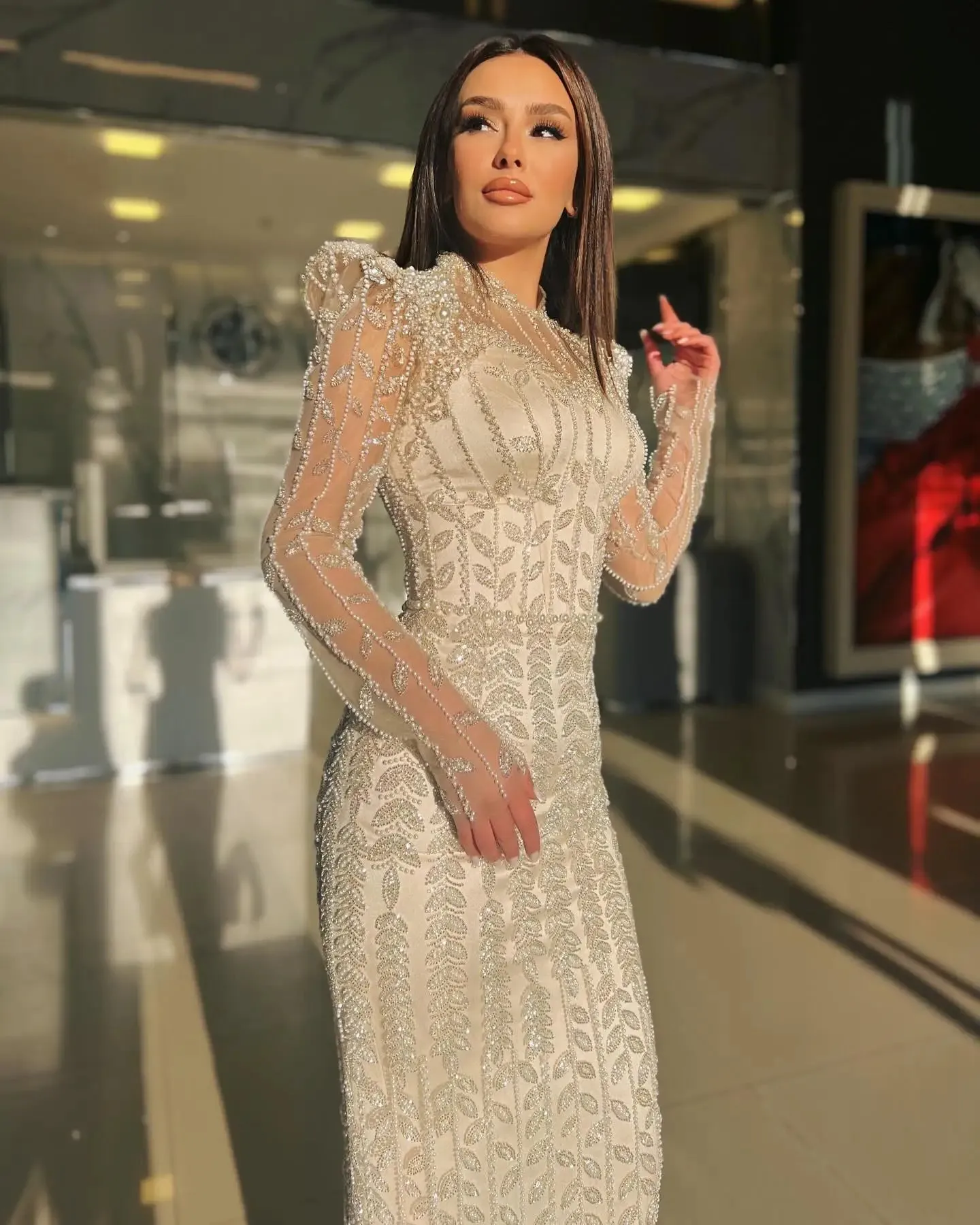 HELEN Luxury Cream Long Sleeves Evening Dress for Women