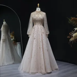 HELEN Luxury Elegant Long Sleeves Champagne Evening Dress