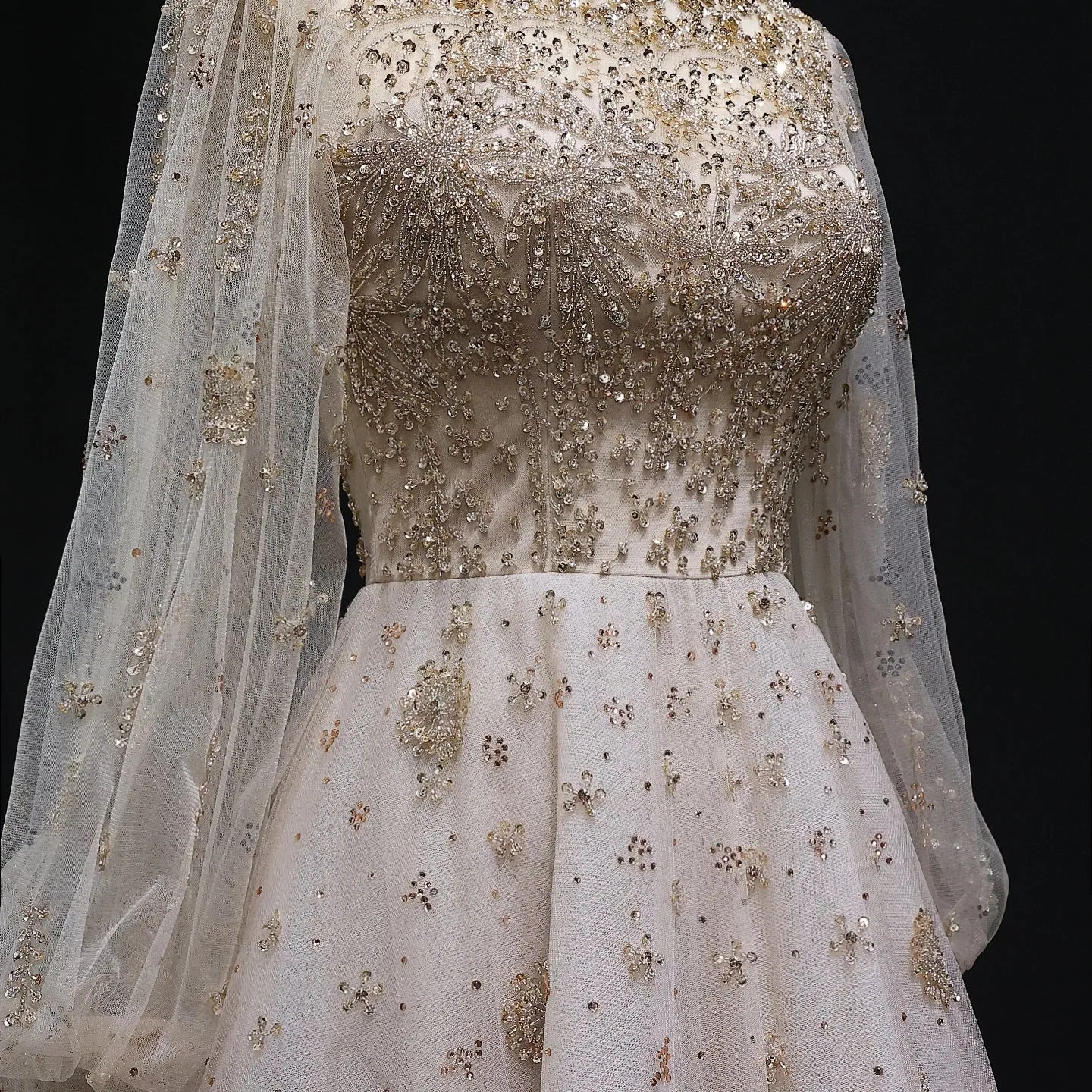 HELEN Luxury Elegant Long Sleeves Champagne Evening Dress