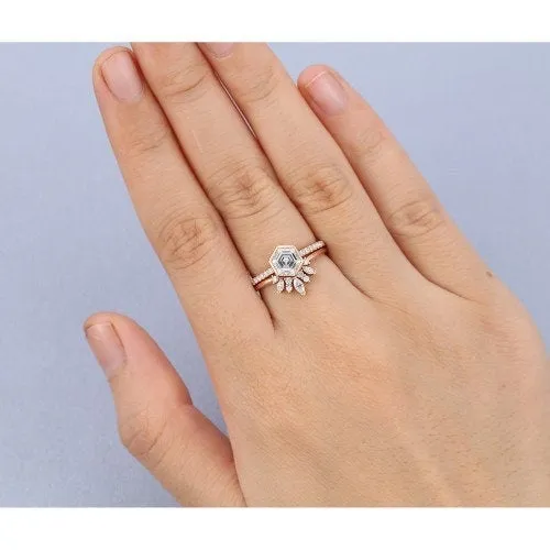 Hexagon Moissanite engagement ring set vintage rose gold unique ring marquise art deco diamond wedding Anniversary promise Bridal Set ETSY