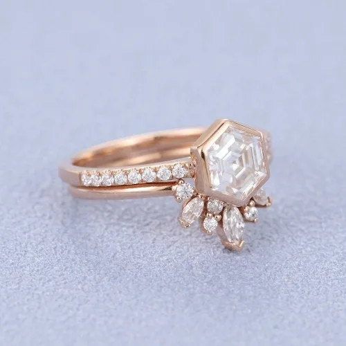 Hexagon Moissanite engagement ring set vintage rose gold unique ring marquise art deco diamond wedding Anniversary promise Bridal Set ETSY