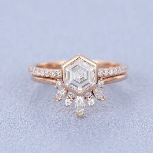 Hexagon Moissanite engagement ring set vintage rose gold unique ring marquise art deco diamond wedding Anniversary promise Bridal Set ETSY
