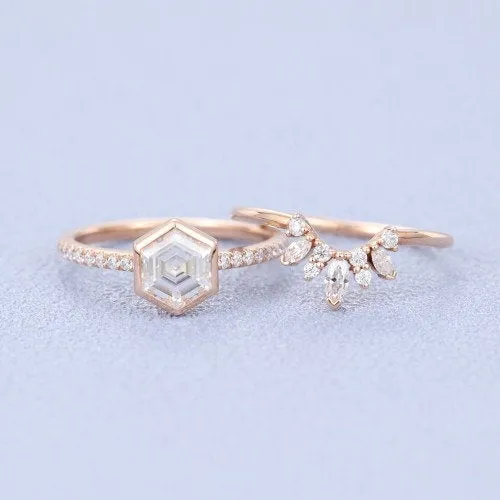 Hexagon Moissanite engagement ring set vintage rose gold unique ring marquise art deco diamond wedding Anniversary promise Bridal Set ETSY