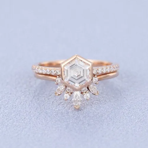 Hexagon Moissanite engagement ring set vintage rose gold unique ring marquise art deco diamond wedding Anniversary promise Bridal Set ETSY