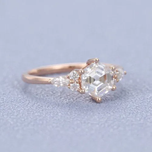 Hexagon Moissanite engagement ring vintage rose gold unique ring marquise art deco diamond wedding Anniversary promise Bridal Set on etsy