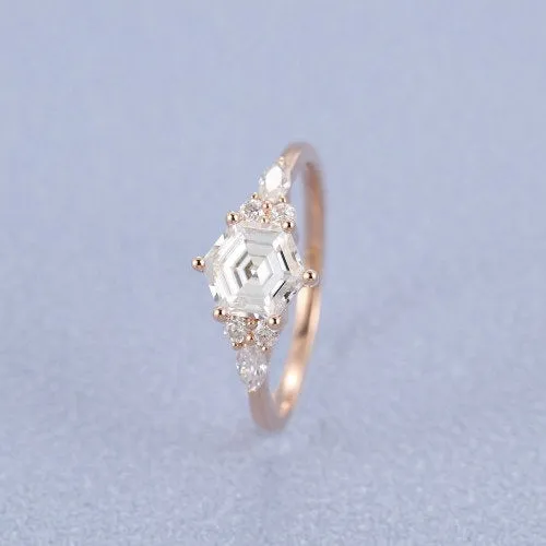 Hexagon Moissanite engagement ring vintage rose gold unique ring marquise art deco diamond wedding Anniversary promise Bridal Set on etsy