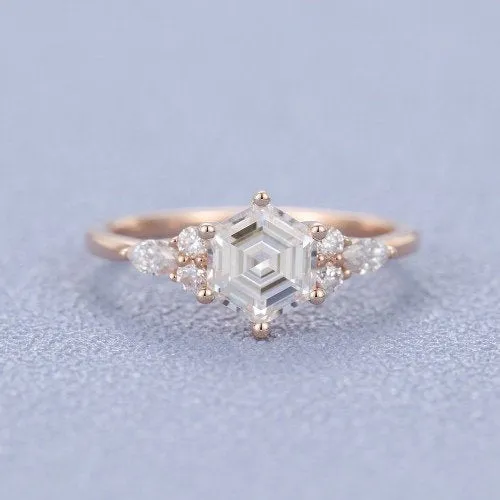 Hexagon Moissanite engagement ring vintage rose gold unique ring marquise art deco diamond wedding Anniversary promise Bridal Set on etsy