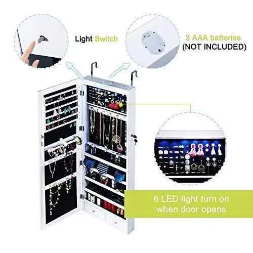 Homevibes Jewelry Cabinet Jewelry Armoire 6 LEDs Mirrored Makeup Lockable Door Wall Mounted Jewelry Organizer Hanging Storage Mirror with 2 Drawers, White