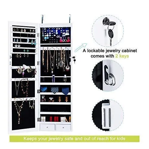 Homevibes Jewelry Cabinet Jewelry Armoire 6 LEDs Mirrored Makeup Lockable Door Wall Mounted Jewelry Organizer Hanging Storage Mirror with 2 Drawers, White