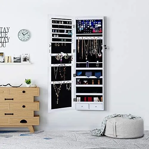 Homevibes Jewelry Cabinet Jewelry Armoire 6 LEDs Mirrored Makeup Lockable Door Wall Mounted Jewelry Organizer Hanging Storage Mirror with 2 Drawers, White