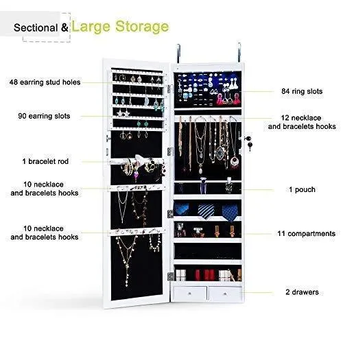 Homevibes Jewelry Cabinet Jewelry Armoire 6 LEDs Mirrored Makeup Lockable Door Wall Mounted Jewelry Organizer Hanging Storage Mirror with 2 Drawers, White