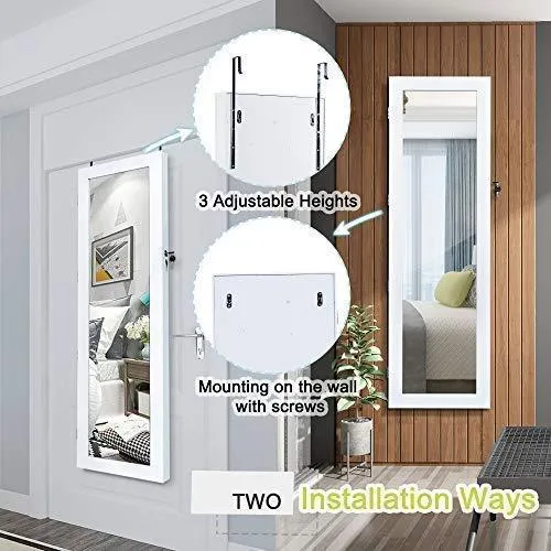 Homevibes Jewelry Cabinet Jewelry Armoire 6 LEDs Mirrored Makeup Lockable Door Wall Mounted Jewelry Organizer Hanging Storage Mirror with 2 Drawers, White