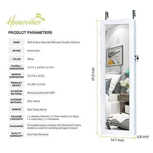 Homevibes Jewelry Cabinet Jewelry Armoire 6 LEDs Mirrored Makeup Lockable Door Wall Mounted Jewelry Organizer Hanging Storage Mirror with 2 Drawers, White