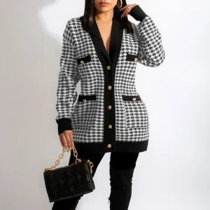 Houndstooth Pattern Long Sleeve Button Detailed Coat