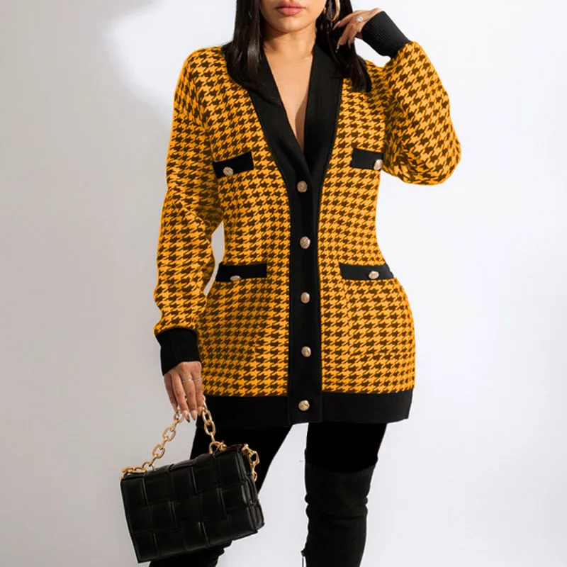 Houndstooth Pattern Long Sleeve Button Detailed Coat