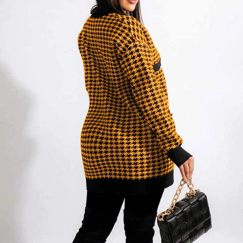 Houndstooth Pattern Long Sleeve Button Detailed Coat