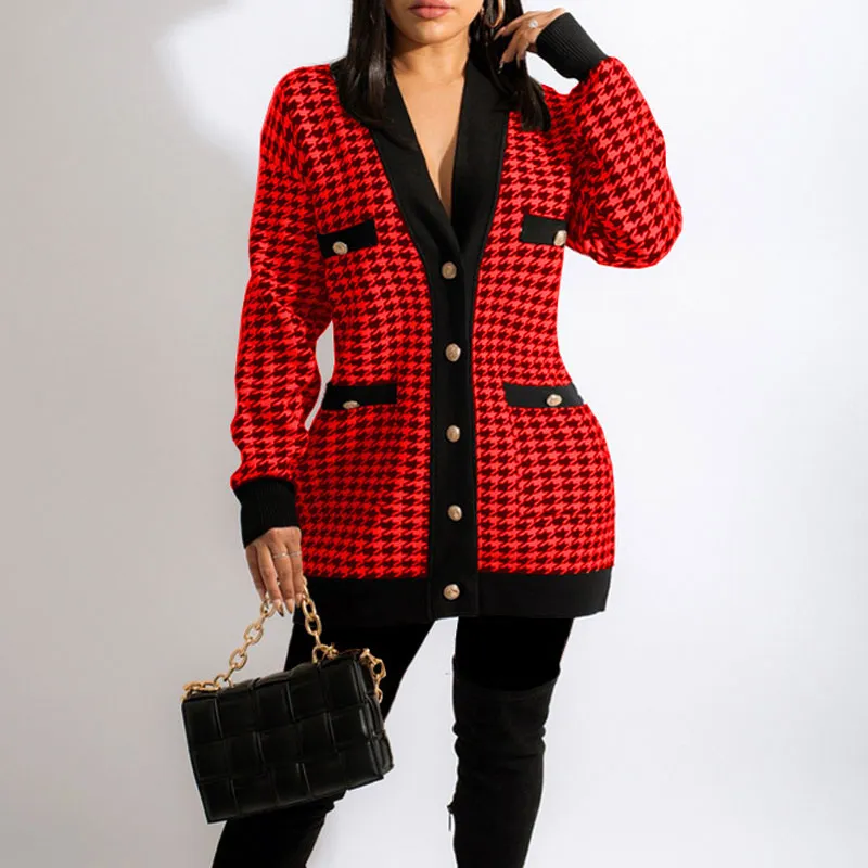 Houndstooth Pattern Long Sleeve Button Detailed Coat
