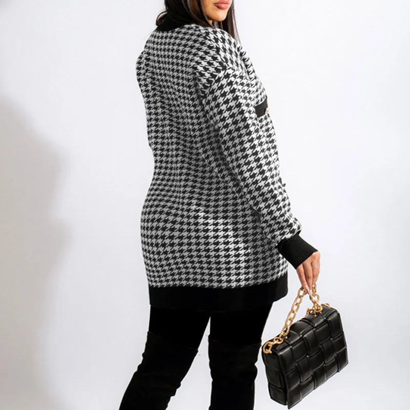 Houndstooth Pattern Long Sleeve Button Detailed Coat