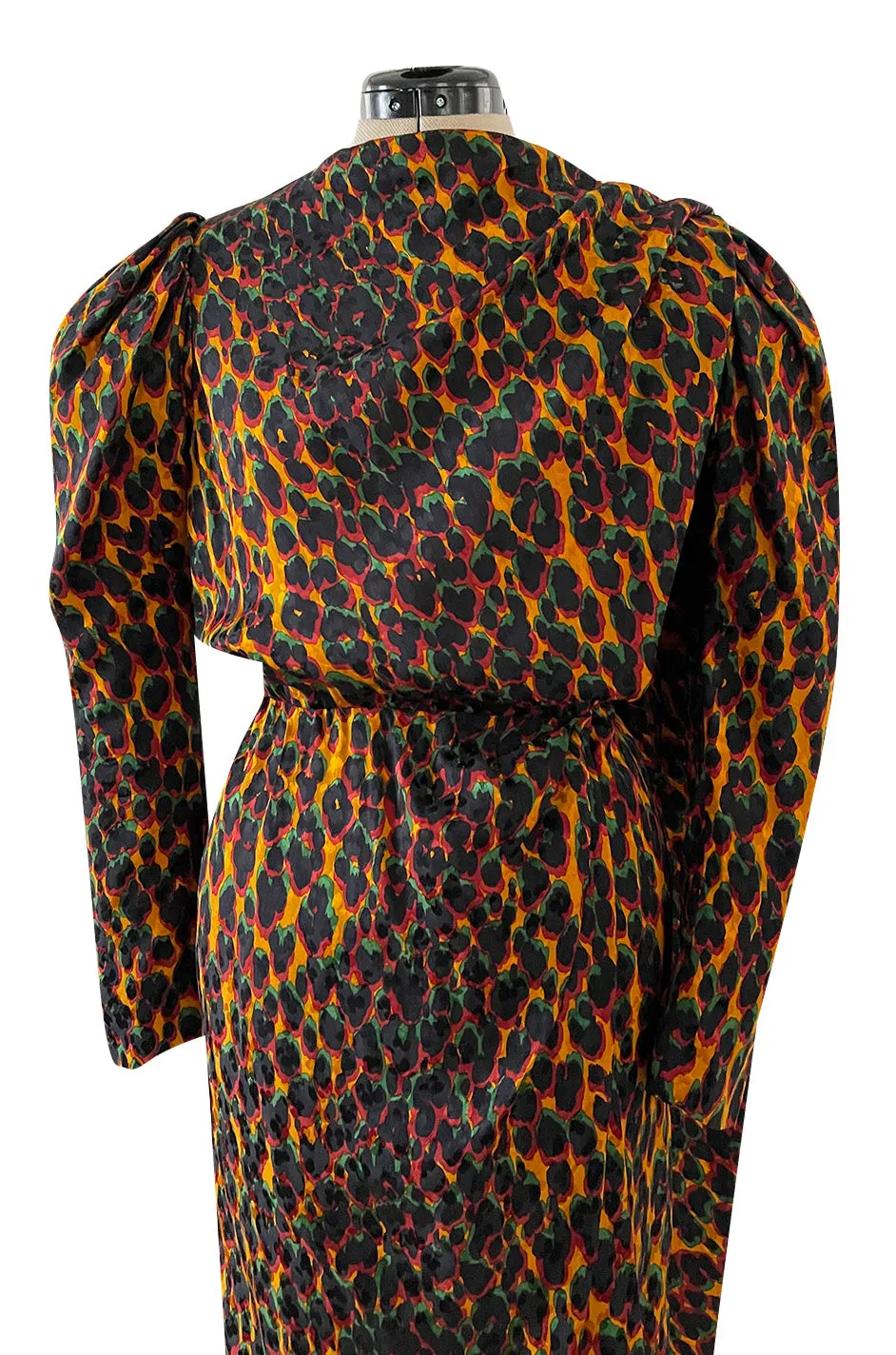 Iconic Fall 1982 Ady Couture Lausanne for Yves Saint Laurent Silk Leopard Print Dress w Draped Panel