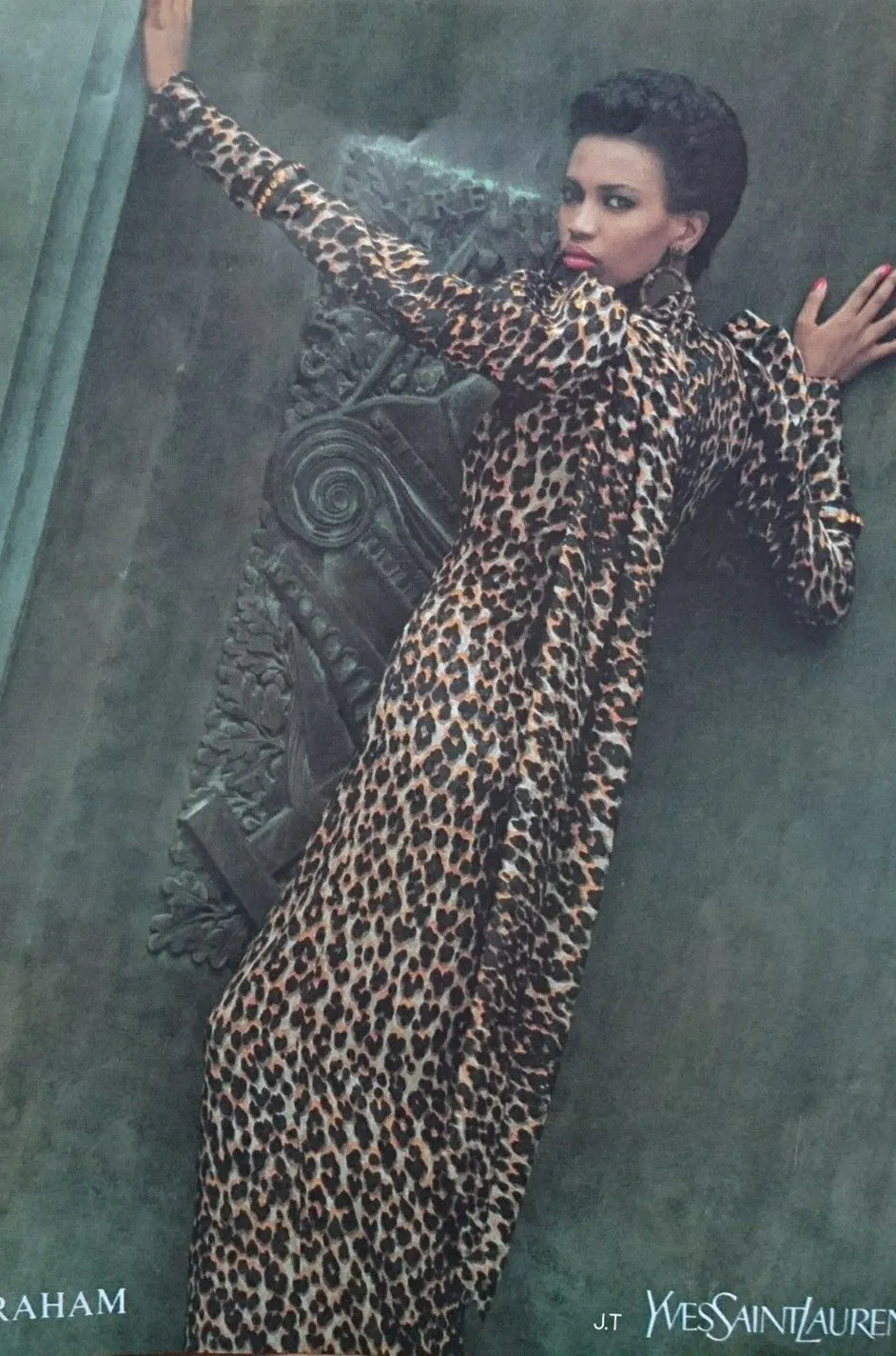 Iconic Fall 1982 Ady Couture Lausanne for Yves Saint Laurent Silk Leopard Print Dress w Draped Panel