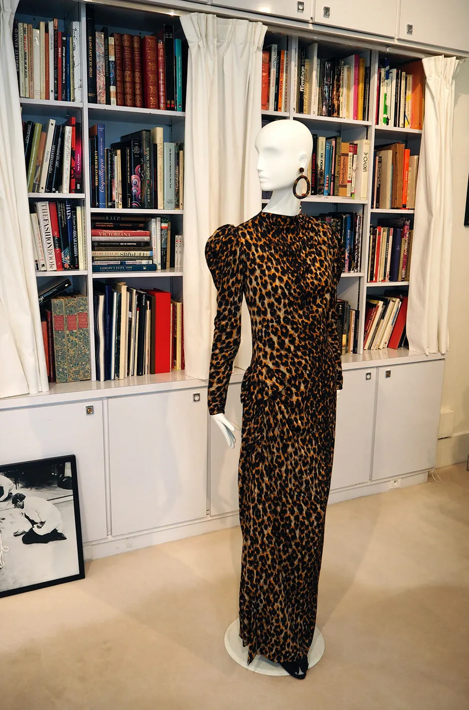 Iconic Fall 1982 Ady Couture Lausanne for Yves Saint Laurent Silk Leopard Print Dress w Draped Panel