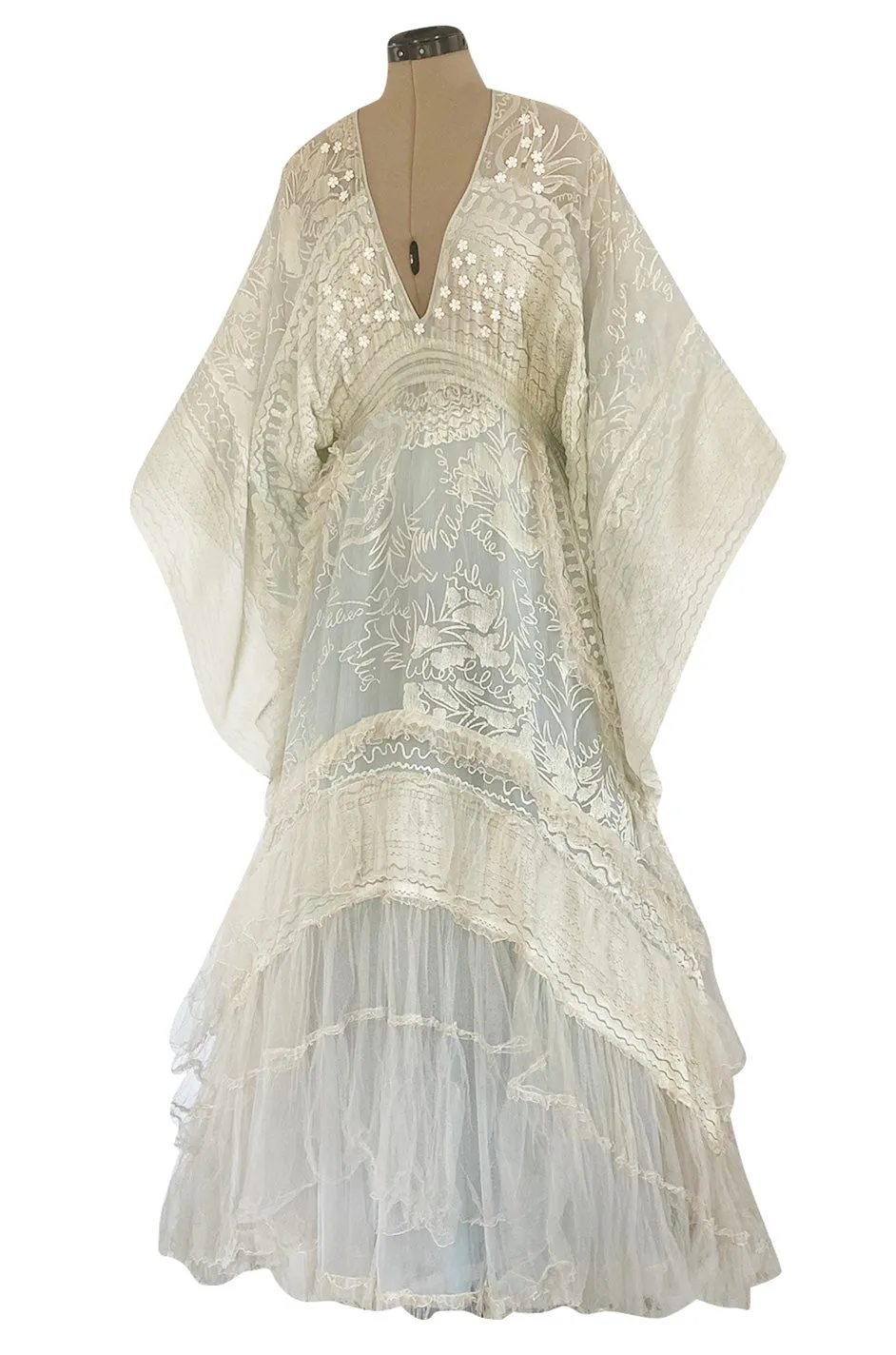 Important 1972 Zandra Rhodes Hand Painted 'Butterfly' Kimono Sleeve Dress w Lily Print & Original Petticoat