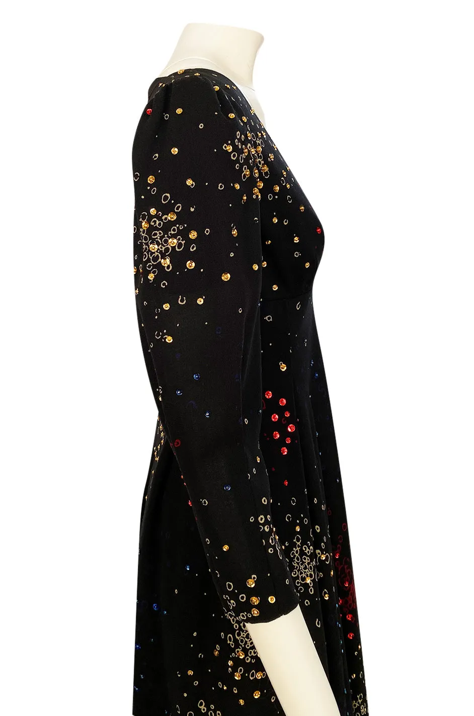 Incredible 1970s Pauline Trigere Hand Painted & Sequin Detailed Dress
