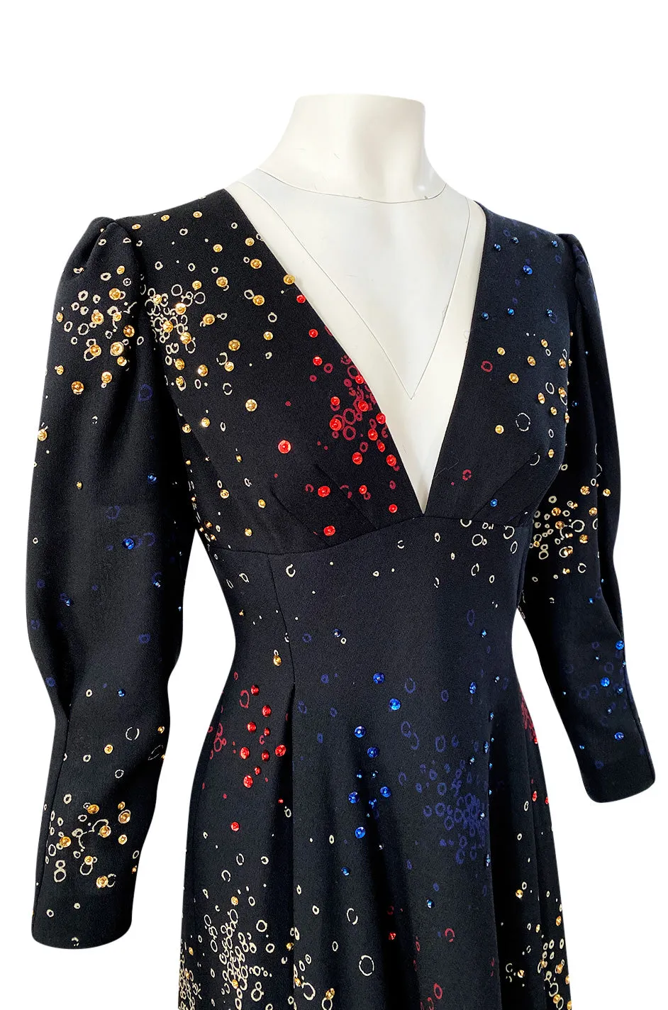 Incredible 1970s Pauline Trigere Hand Painted & Sequin Detailed Dress
