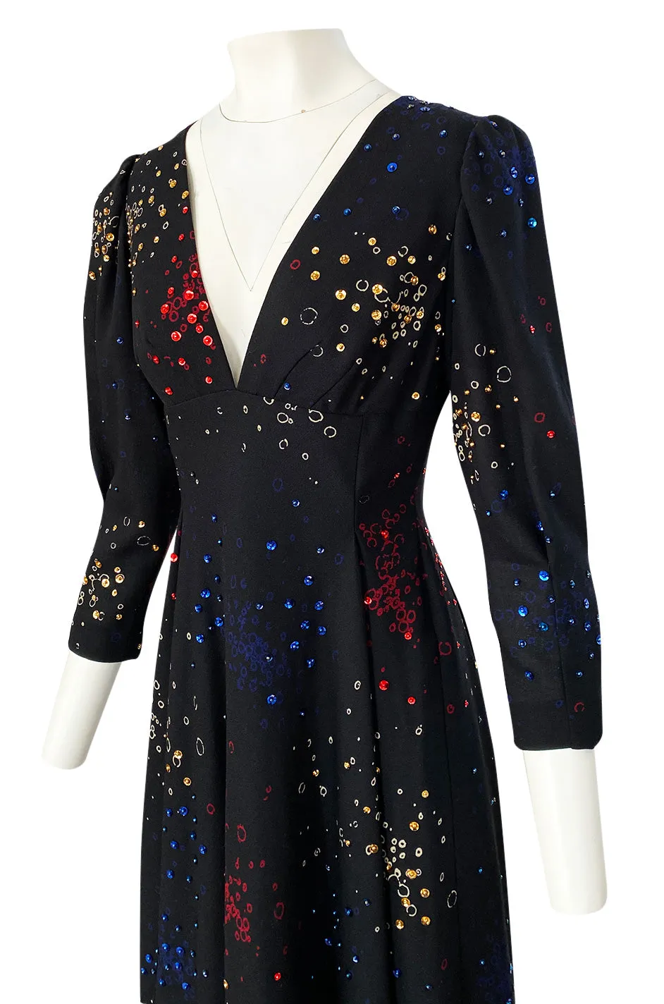 Incredible 1970s Pauline Trigere Hand Painted & Sequin Detailed Dress