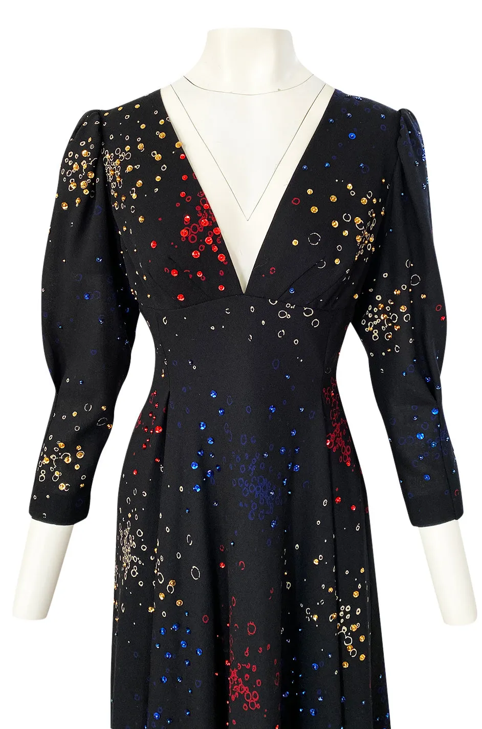 Incredible 1970s Pauline Trigere Hand Painted & Sequin Detailed Dress