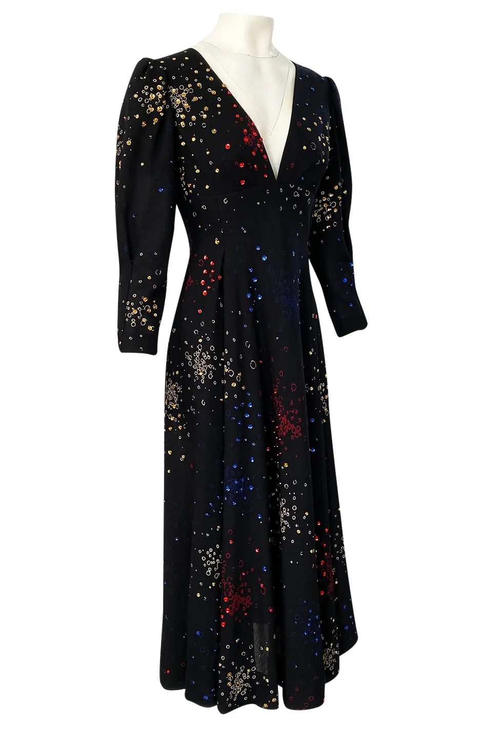 Incredible 1970s Pauline Trigere Hand Painted & Sequin Detailed Dress