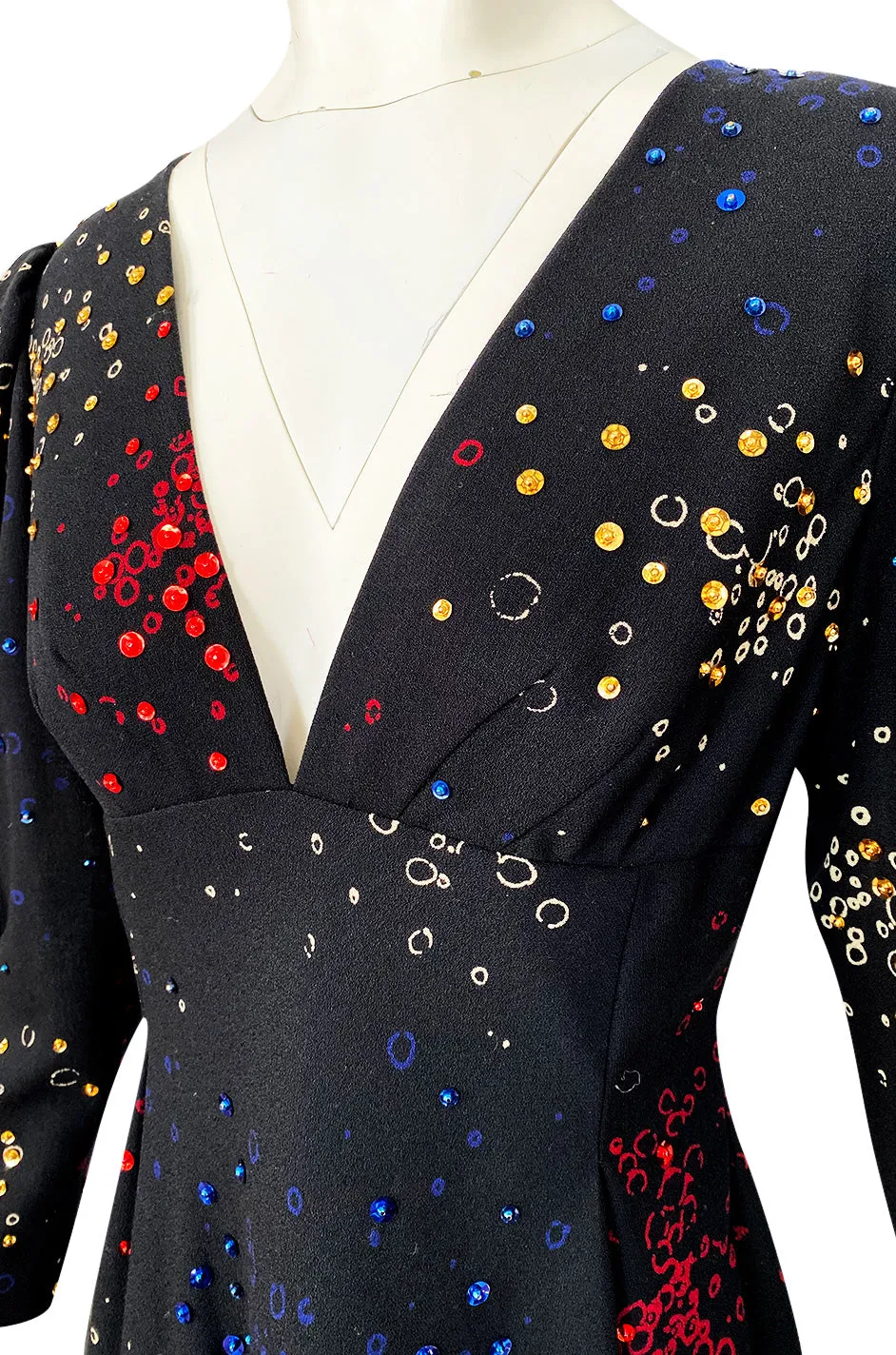 Incredible 1970s Pauline Trigere Hand Painted & Sequin Detailed Dress