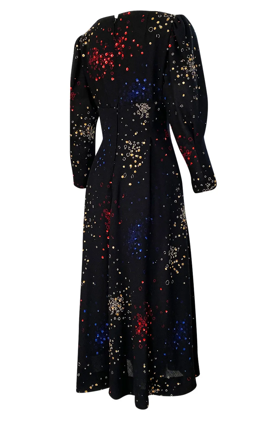 Incredible 1970s Pauline Trigere Hand Painted & Sequin Detailed Dress